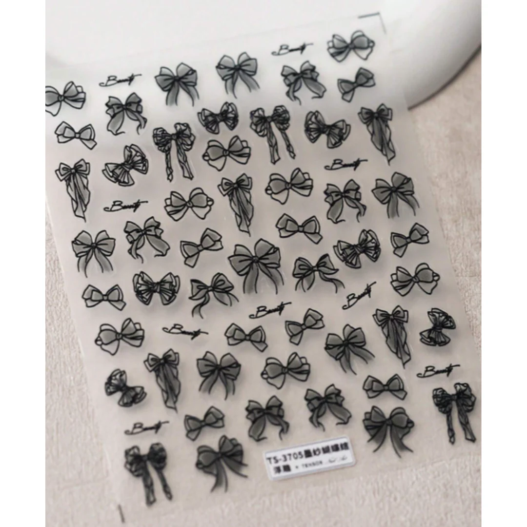 JNBS Nail Sticker 3D Embossed Black & White Lace Bow Nail Art Stickers - Image 2
