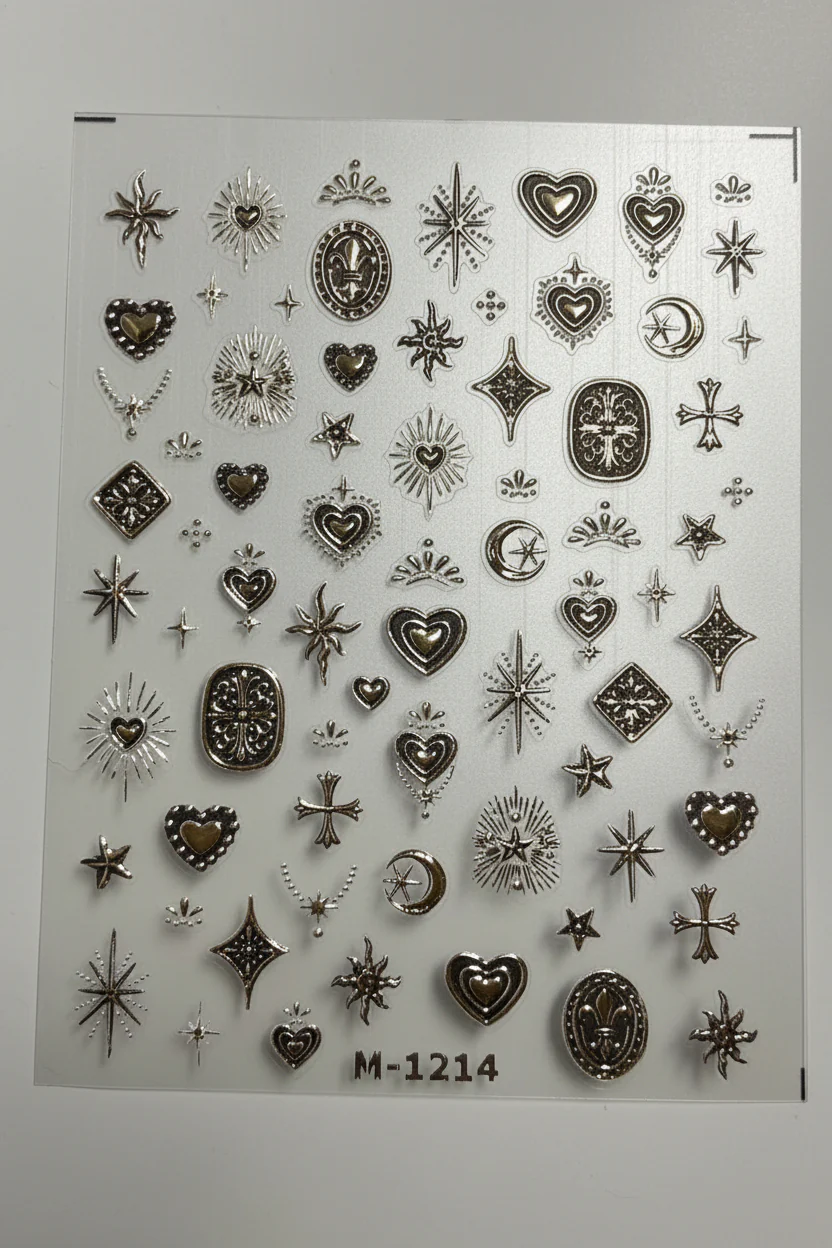 Tensor 3D Metallic Gold / Silver Sacred Heart & Cyber Star Nail Stickers - Image 2